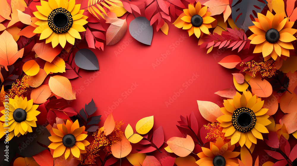 A flat lay composition of colorful paper cut autumn leaves and sunflowers. Copy space. A flat lay composition of colorful paper cut autumn leaves and sunflowers. Copy space.