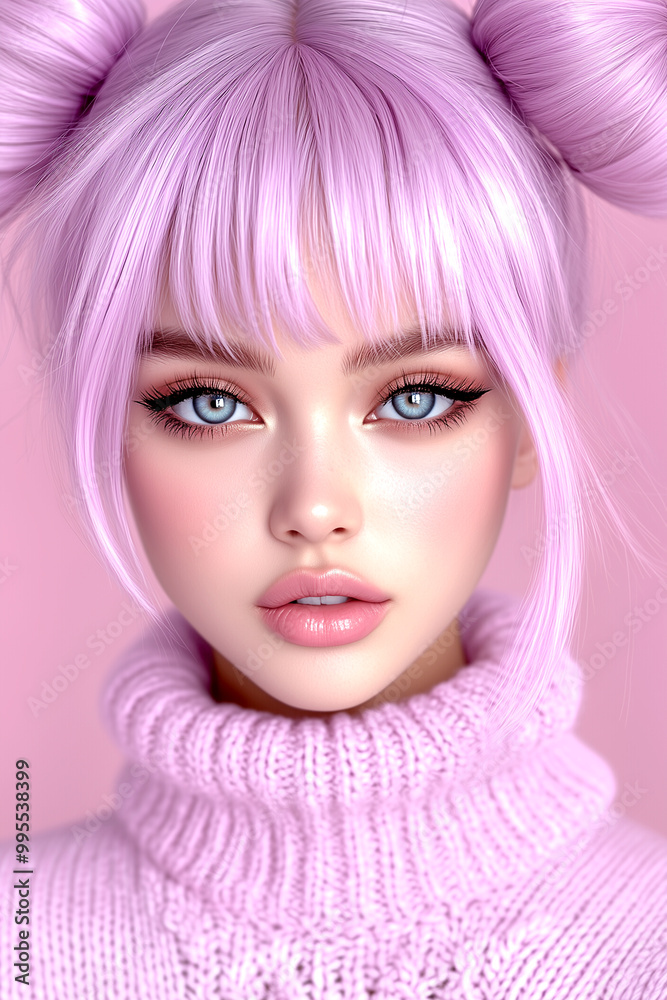 A woman with pink hair and a pink sweater. She has blue eyes and a pinkish face A woman with pink hair and a pink sweater. She has blue eyes and a pinkish face
