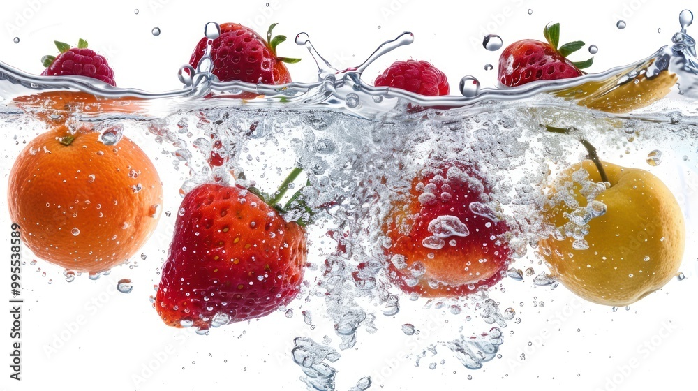 various fruits falling from a height, splashing into water, with fresh detail, isolated on a white background various fruits falling from a height, splashing into water, with fresh detail, isolated on a white background