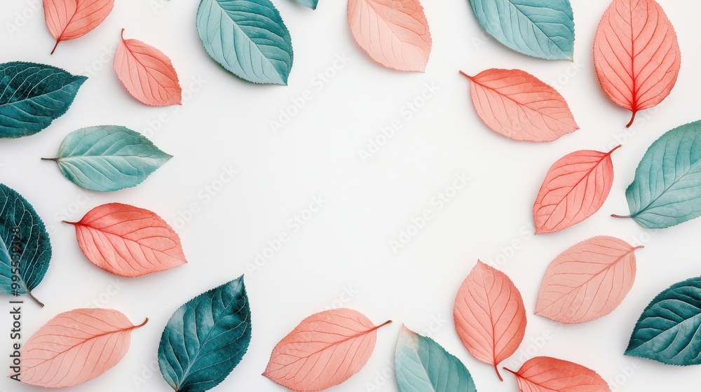 Small mint blue and coral pink spring leaves with tiny azalea petals on a white backdrop Minimalistic, high resolution, clear sharp focus, hyper-detailed Small mint blue and coral pink spring leaves with tiny azalea petals on a white backdrop Minimalistic, high resolution, clear sharp focus, hyper-detailed