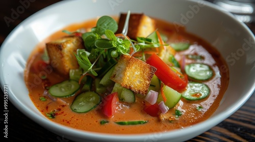 A delightful and refreshing bowl of gazpacho, with a chilled tomato-based soup, garnished with fresh vegetables and croutons