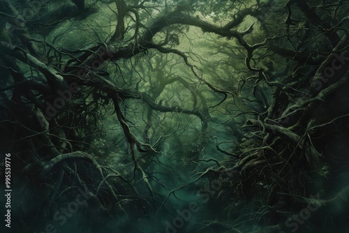 Dense, tangled roots interweave beneath the canopy of an ancient forest, capturing the essence of natures untouched beauty in the early morning light