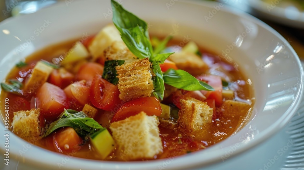 A delightful and refreshing bowl of gazpacho, with a chilled tomato-based soup, garnished with fresh vegetables and croutons A delightful and refreshing bowl of gazpacho, with a chilled tomato-based soup, garnished with fresh vegetables and croutons