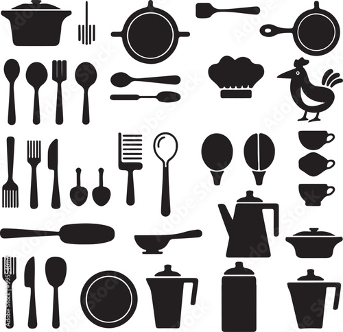
 This vector silhouettes illustration collection of kitchen and dining icons 