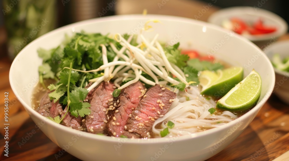 A delightful and refreshing bowl of pho, with fragrant broth, tender beef slices, fresh herbs, and a squeeze of lime A delightful and refreshing bowl of pho, with fragrant broth, tender beef slices, fresh herbs, and a squeeze of lime