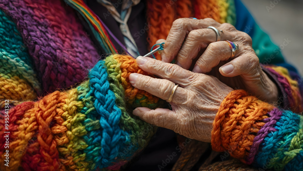 Rainbow Crochet: A close-up captures the skillful hands of an elderly woman crocheting a vibrant, multicolored garment. The image evokes feelings of warmth, craftsmanship, and the passage of time. Rainbow Crochet: A close-up captures the skillful hands of an elderly woman crocheting a vibrant, multicolored garment. The image evokes feelings of warmth, craftsmanship, and the passage of time.