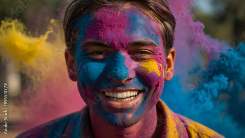 Smiling Face in a Burst of Color: A young man, his face painted with vibrant hues of blue, purple, and yellow, beams with joy as colorful powder explodes around him. photo