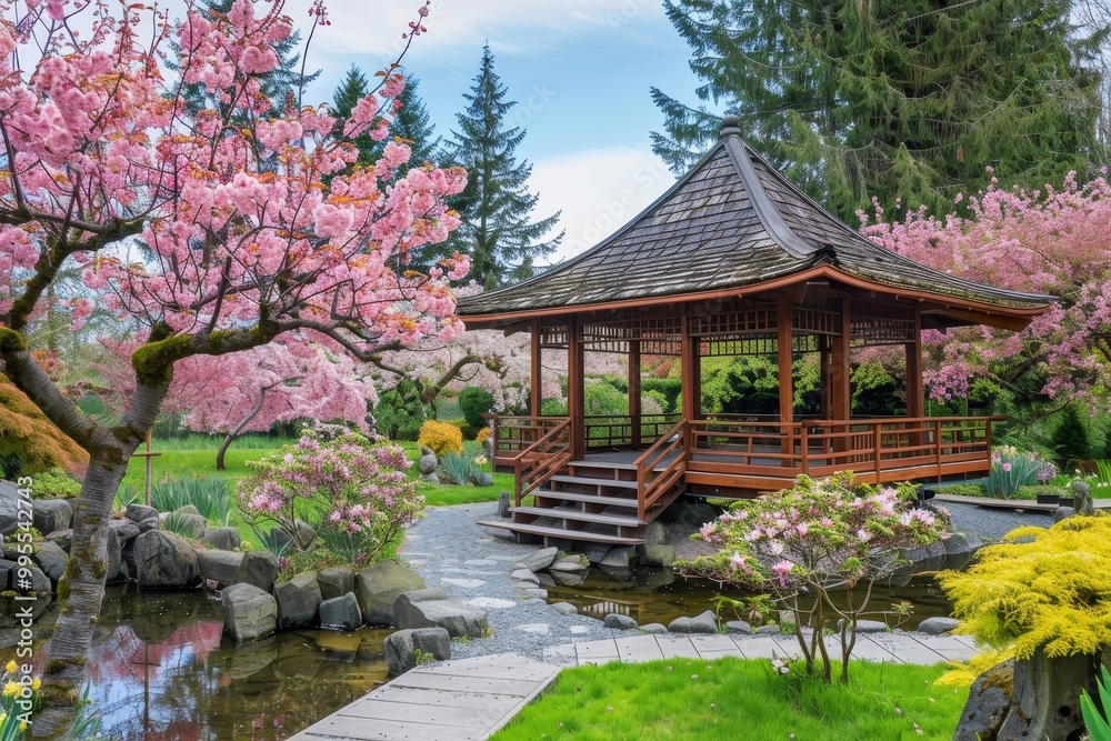 A serene spring morning in a Japanese garden featuring cherry blossom trees, tranquil pond reflections, and a traditional wooden structure nestled among the vibrant landscape A serene spring morning in a Japanese garden featuring cherry blossom trees, tranquil pond reflections, and a traditional wooden structure nestled among the vibrant landscape