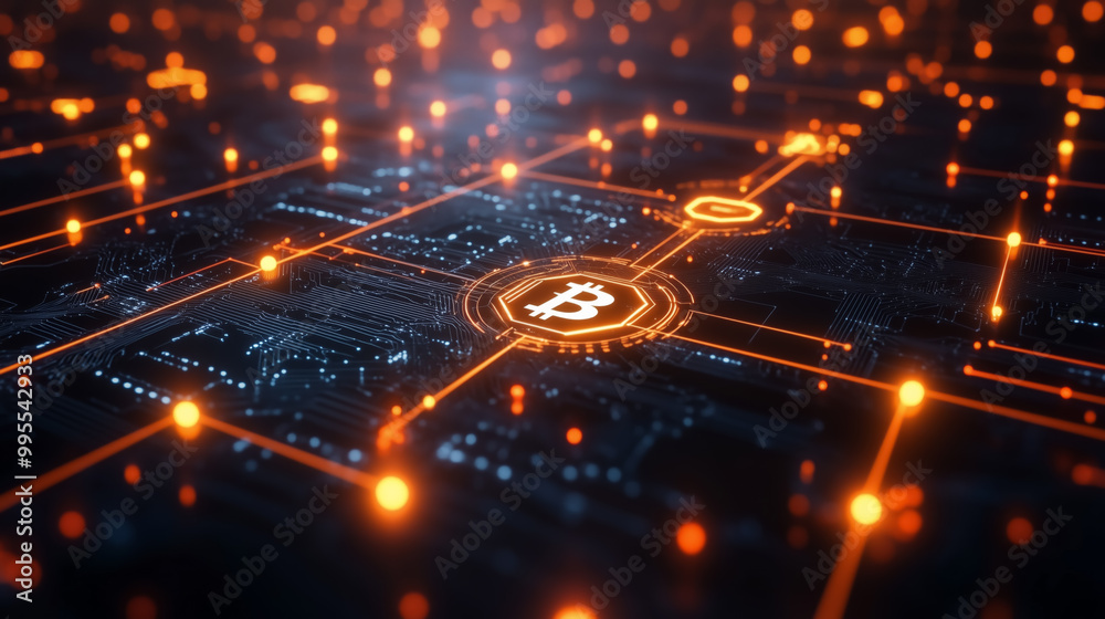 Obraz premium Digital Bitcoin Network with Glowing Connections.