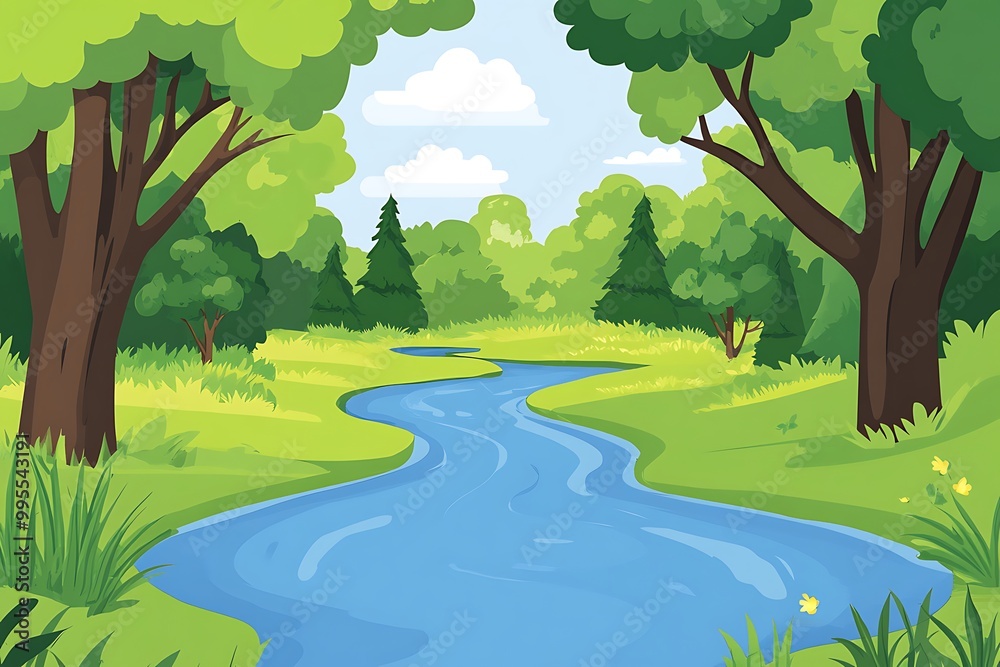 Nature forest landscape at daytime scene with long river