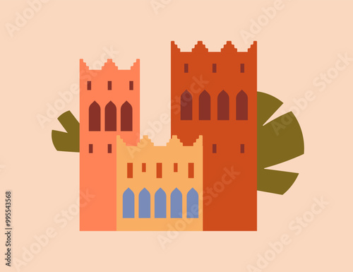 Moroccan architecture with ancient towers, modern card design. Historic Arab ...
