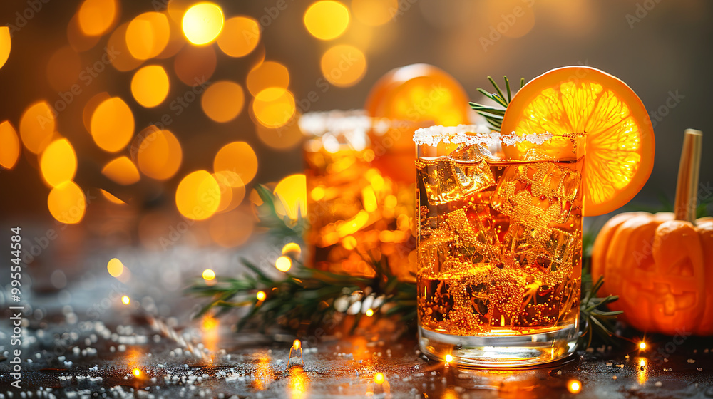 Festive Pumpkin Cocktails with Pumpkin for Halloween Glowing Background Festive Pumpkin Cocktails with Pumpkin for Halloween Glowing Background