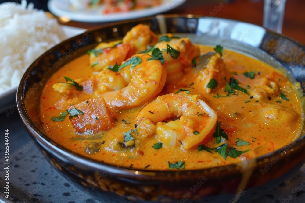 A vibrant bowl of shrimp and fish curry simmering with spices and herbs, garnished with fresh greens, showcasing a rich culinary tradition A vibrant bowl of shrimp and fish curry simmering with spices and herbs, garnished with fresh greens, showcasing a rich culinary tradition