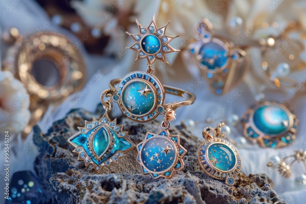 Elegant celestial-themed jewelry displayed on a textured stone, showcasing intricate designs with blue gemstones and gold accents in a soft light setting Elegant celestial-themed jewelry displayed on a textured stone, showcasing intricate designs with blue gemstones and gold accents in a soft light setting