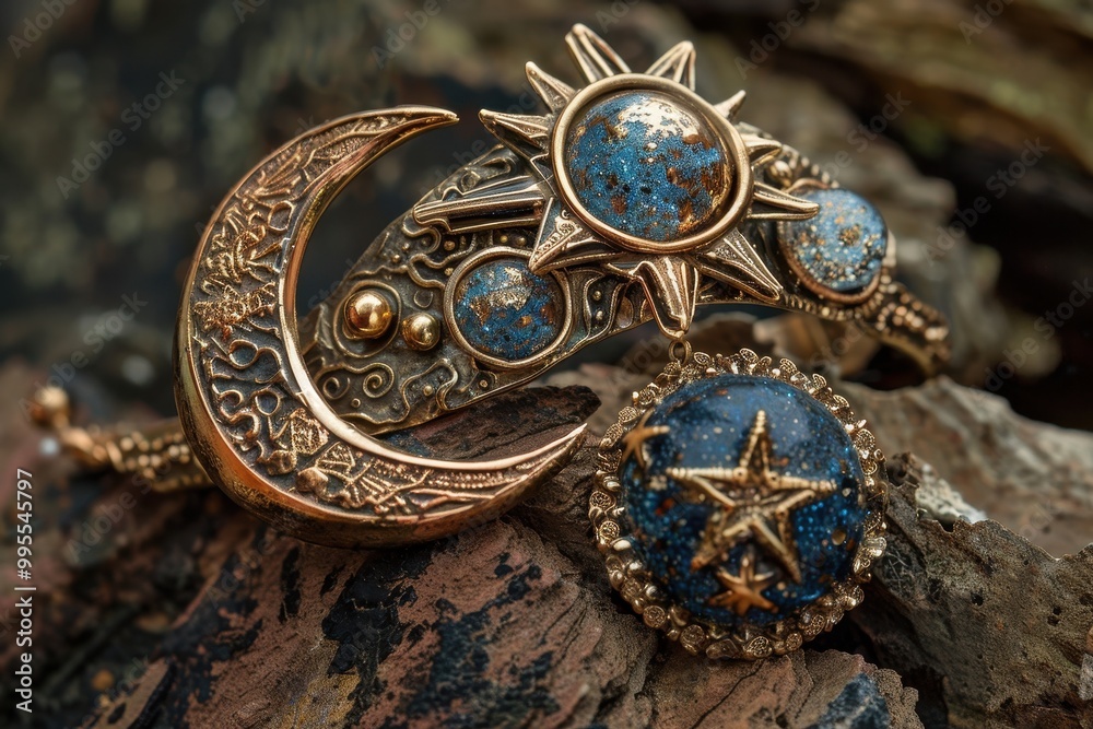 Elegant celestial-themed jewelry displayed on a textured stone, showcasing intricate designs with blue gemstones and gold accents in a soft light setting Elegant celestial-themed jewelry displayed on a textured stone, showcasing intricate designs with blue gemstones and gold accents in a soft light setting