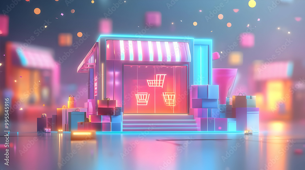 Obraz premium 3D Glowing Abstract Product Showcase with Floating Discount Icons for Cyber Monday Sales - Modern Ecommerce Promotions Design