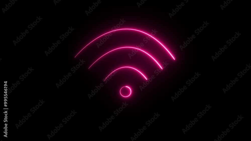 Purple neon glowing Wi Fi icon on dark background representing wireless technology, modern connectivity, digital communication