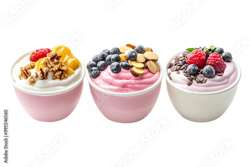 Assorted yogurt bowls topped with fresh berries, granola, and mint leaves isolated on white background. Healthy breakfast concept.