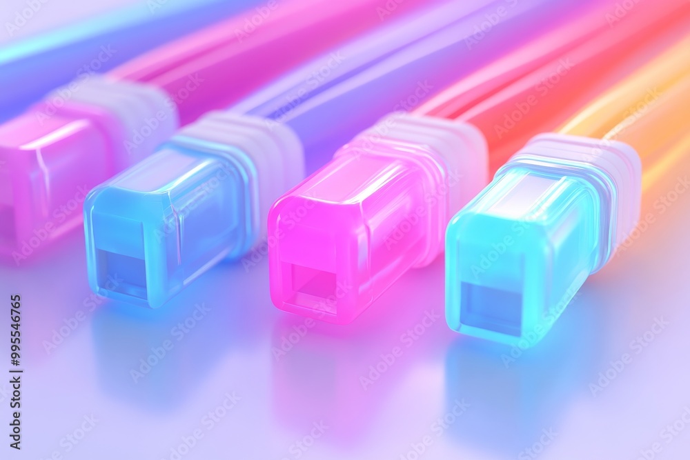 Close up of three fiber optic cable ends with multicolored connectors representing modern data transmission solutions for telecommunications Close up of three fiber optic cable ends with multicolored connectors representing modern data transmission solutions for telecommunications