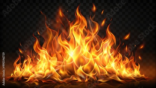 Realistic fire burning with bright flames on transparent background