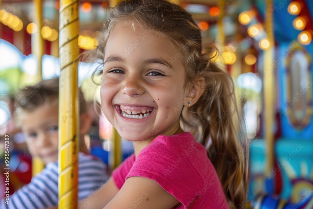 Two children joyfully riding a colorful carousel at a fair, experiencing laughter and excitement during a bright afternoon