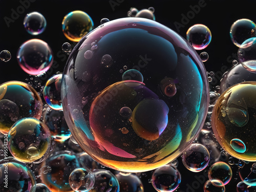 Close-Up of Multicolored Soap Bubbles Against a Dark Background