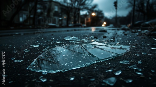 Wallpaper Mural Broken glass glitters on a dark street, with a shadowy building looming in the eerie stillness. Torontodigital.ca