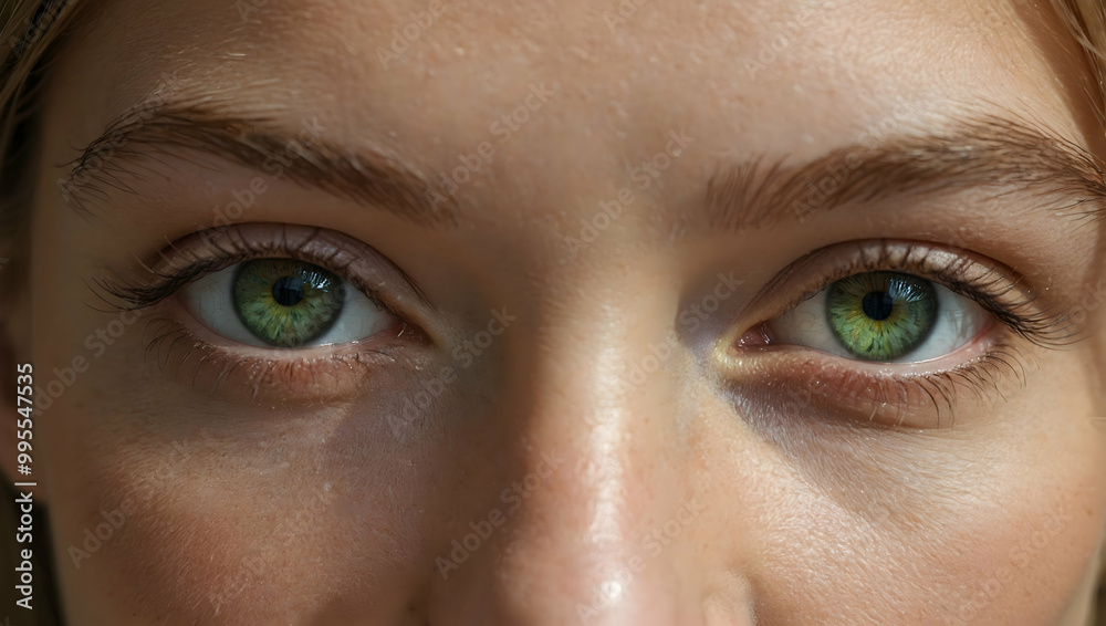 Fototapeta premium Emerald Eyes: A close-up of captivating green eyes, with soft sunlight illuminating the skin, creating a warm and intimate atmosphere. The focus is on the eyes, conveying a sense of mystery, depth.