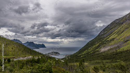 Husoy, a fishing village on the island of Senja, seen from the heights of the island. 
