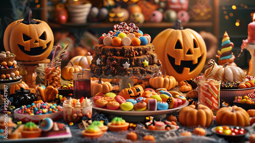 A spooky Halloween table filled with detailed treats, magical Halloween setting 