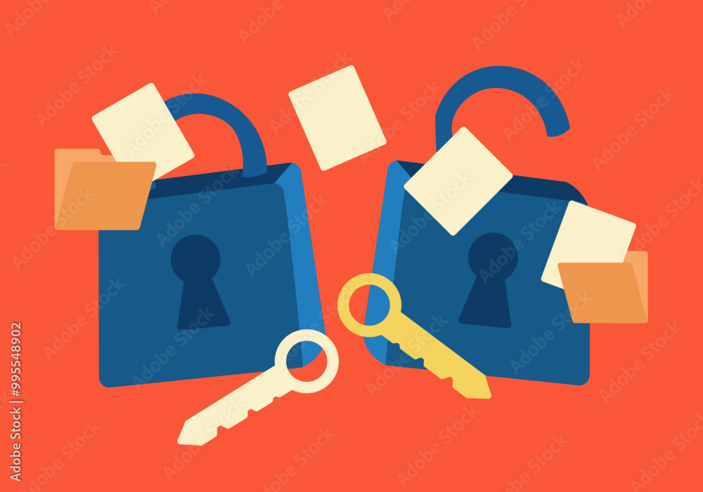 Encryption and decryption - open and closed lock, private and public key