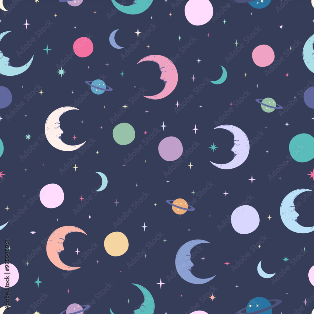 Fototapeta premium Starry sky, moon, planets, space, seamless pattern