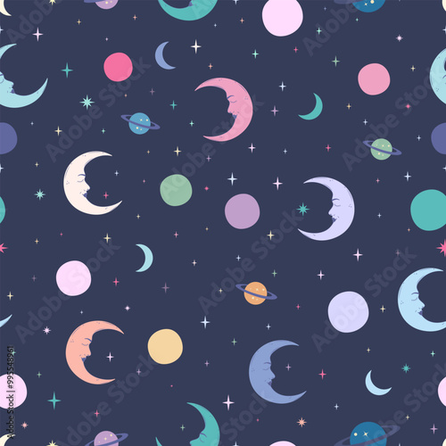 Starry sky, moon, planets, space, seamless pattern