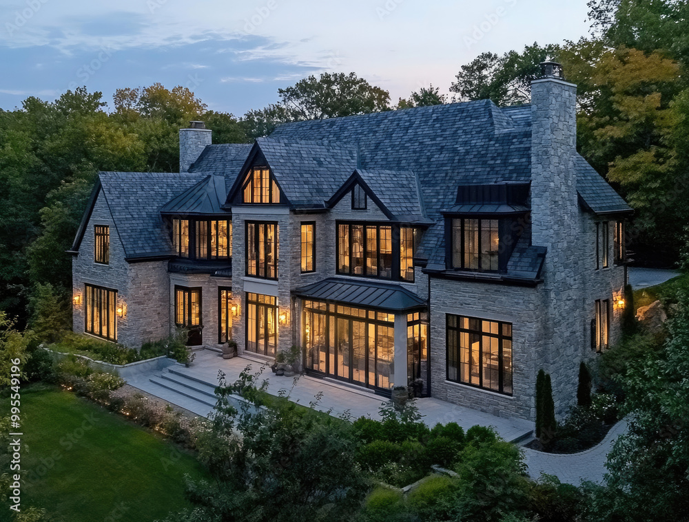 Aerial view of the exterior of an elegant luxury home at dusk, featuring stone and shingle accents with large windows, surrounded by lush greenery on rolling hills Aerial view of the exterior of an elegant luxury home at dusk, featuring stone and shingle accents with large windows, surrounded by lush greenery on rolling hills