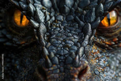 A close-up view of a dragon's eye, revealing intricate textures and colors, as it gazes reflectively amidst a mystical forest backdrop under gentle light photo