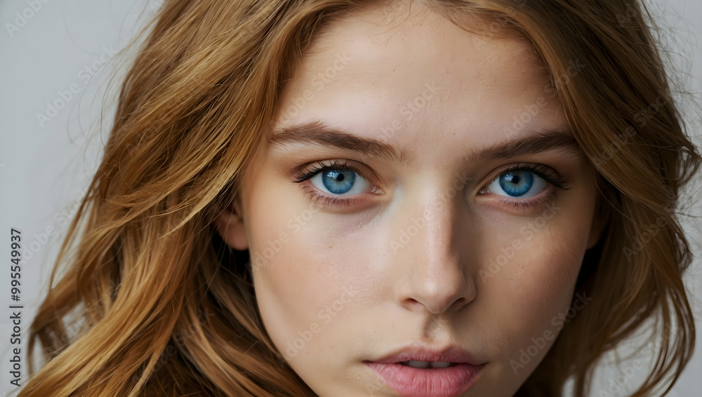 Captivating Gaze: A close-up portrait of a young woman with striking blue eyes and auburn hair, her intense gaze drawing the viewer in. The image is perfect for beauty, fashion. Captivating Gaze: A close-up portrait of a young woman with striking blue eyes and auburn hair, her intense gaze drawing the viewer in. The image is perfect for beauty, fashion.