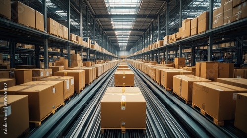 Packages moving through automated warehouse system. Packages are moved through an automated warehouse system, illustrating the use of technology to streamline logistics and e-commerce fulfillment.