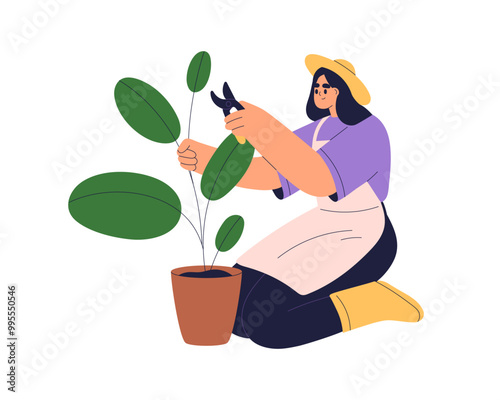 Woman caring for houseplant, pruning green leaf with gardening cutting tool, cutter. Female character gardening, growing plant in pot, planter. Flat vector illustration isolated on white background