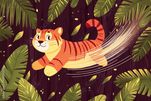 Cartoon Tiger Leaping Through Jungle