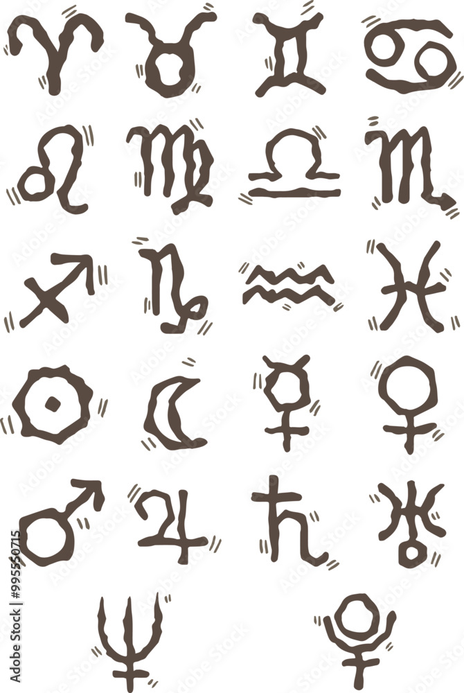 Astrological symbols Stone Age style for decoration on sign of zodiac and horoscope concept. Astrological symbols Stone Age style for decoration on sign of zodiac and horoscope concept.