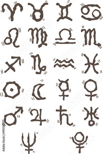 Astrological symbols Stone Age style for decoration on sign of zodiac and horoscope concept.