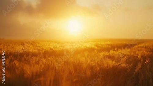 A golden sunrise over a tranquil countryside with a field of golden wheat swaying gently.