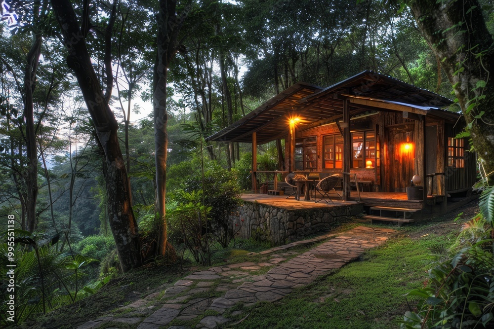 Cozy wooden cabin surrounded by towering redwood trees in a serene forest setting, illuminated at dusk with warm light shining through the windows Cozy wooden cabin surrounded by towering redwood trees in a serene forest setting, illuminated at dusk with warm light shining through the windows