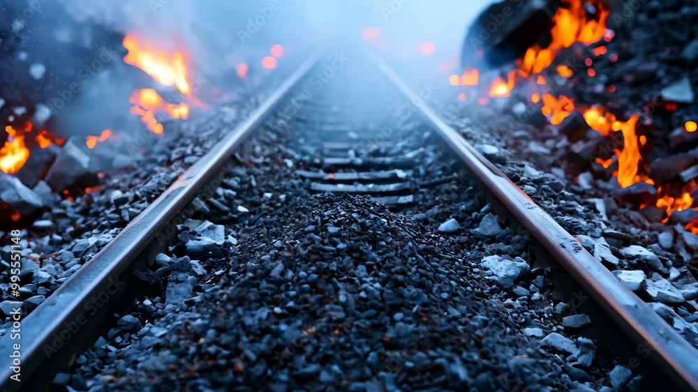 A train track with a pile of coal on it. The coal is black and the train track is blue