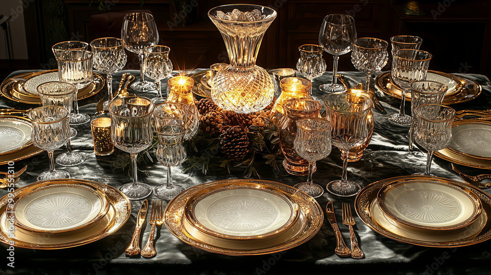 Classic luxury glass dinnerware set with gold-trimmed details Classic luxury glass dinnerware set with gold-trimmed details