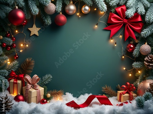 Christmas background with xmas tree branches, cones, red paper flowers, ribbons, balls and gift boxes on dark green canvas background. Merry Christmas card. Happy New Year. Copy space
