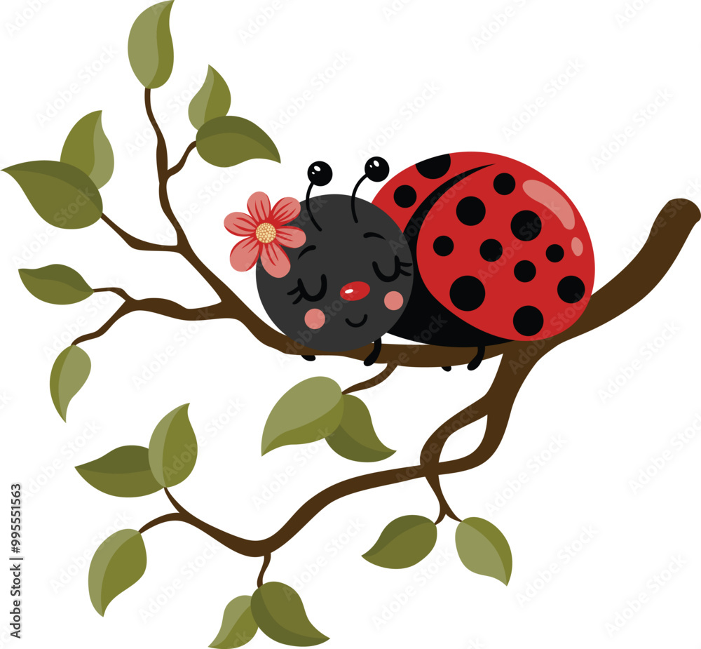 Happy ladybug sleeping on a tree branch with leaves Happy ladybug sleeping on a tree branch with leaves