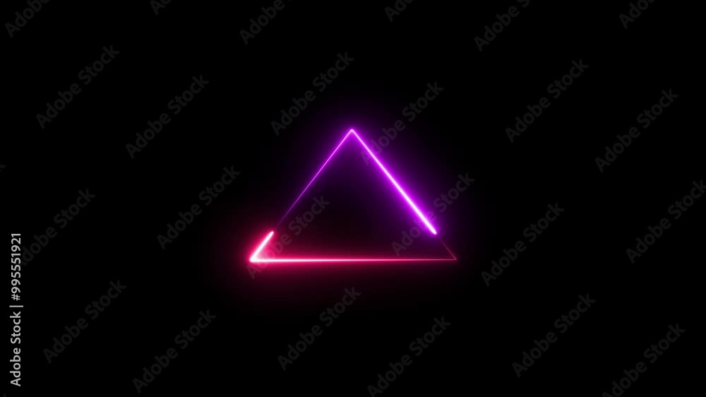 Abstract neon line triangle sign. Glowing geometric neon shape on black background. Abstract neon line triangle sign. Glowing geometric neon shape on black background.