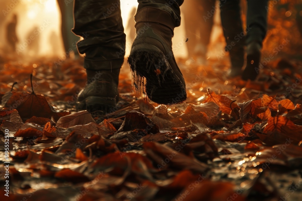 People walking on a path covered with autumn leaves in a park, showcasing the vibrant colors of fall foliage during a sunny afternoon People walking on a path covered with autumn leaves in a park, showcasing the vibrant colors of fall foliage during a sunny afternoon