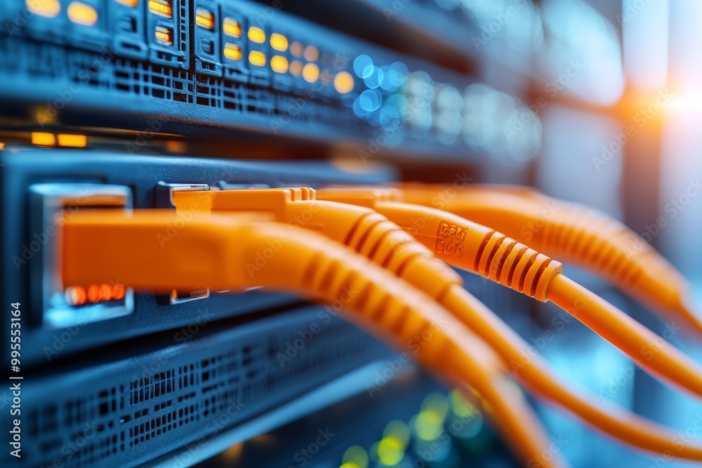 Close up of orange and blue fiber optic cables connected to a switch representing reliable and high speed data transmission for digital networks Close up of orange and blue fiber optic cables connected to a switch representing reliable and high speed data transmission for digital networks